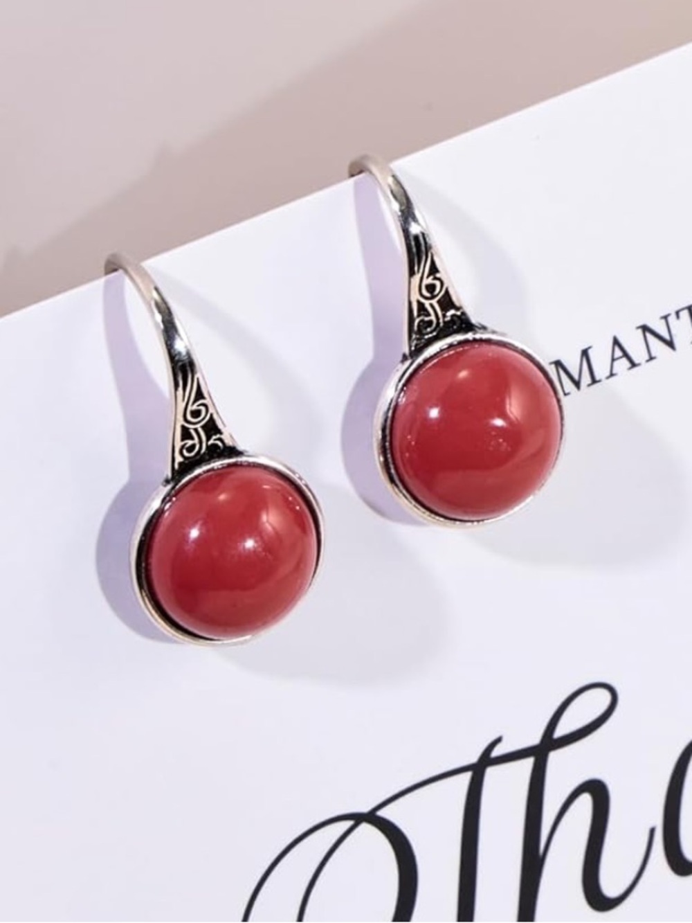 Anthropologie Coral Red Drop Earrings with Silver Accents